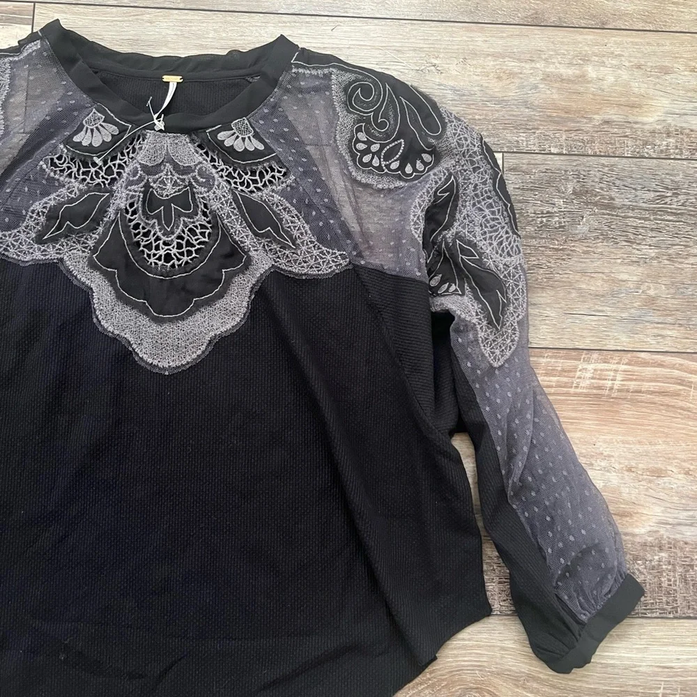 NWOT Free People Toni Sheer Embroidered Crochet Lace Thermal Top size xs